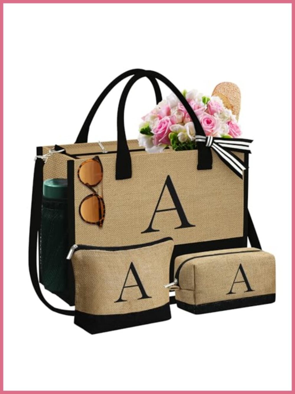 Personalized Jute Tote Bag & 2 Makeup Bags Set with Embroidery